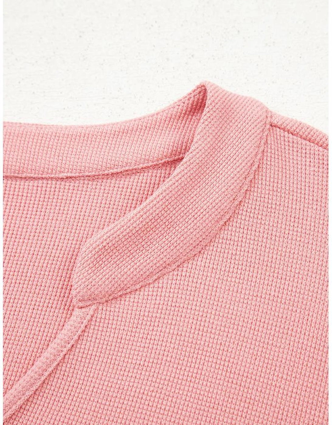 Pink Floral Sleeve Patchwork Waffle Knit Notched V Neck Plus Size Top