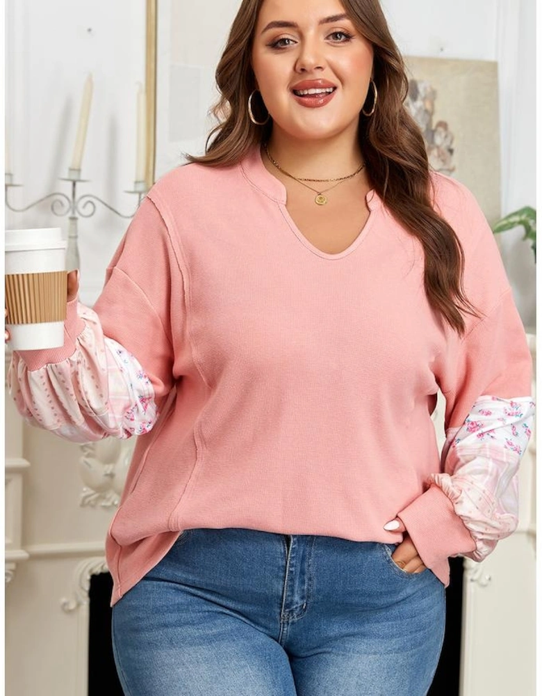 Pink Floral Sleeve Patchwork Waffle Knit Notched V Neck Plus Size Top