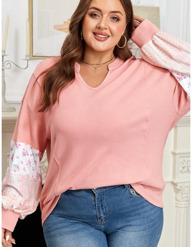Pink Floral Sleeve Patchwork Waffle Knit Notched V Neck Plus Size Top