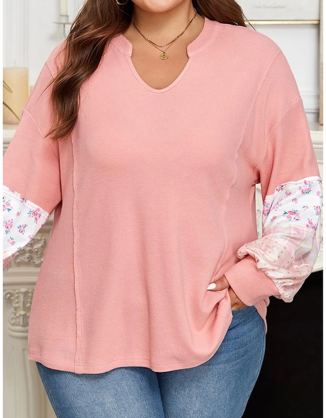 Pink Floral Sleeve Patchwork Waffle Knit Notched V Neck Plus Size Top