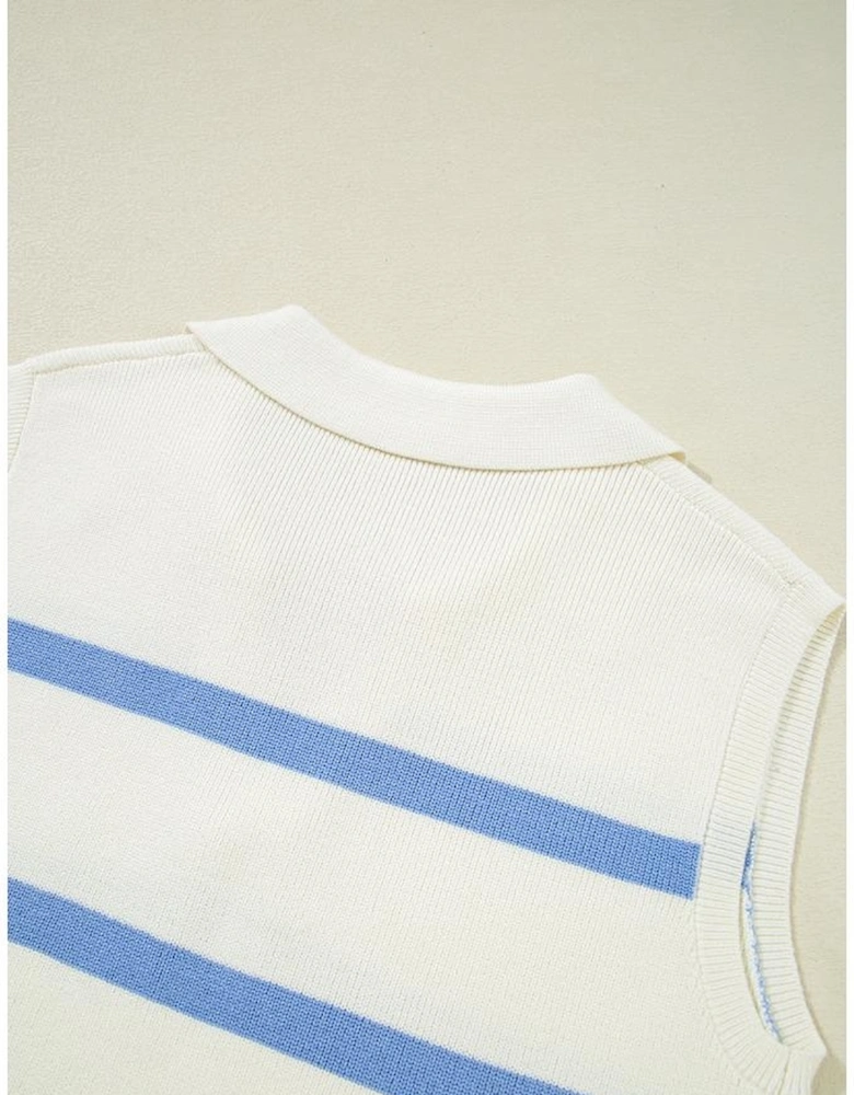 Sky Blue Stripe Split V Neck Collared Ribbed Sweater Vest
