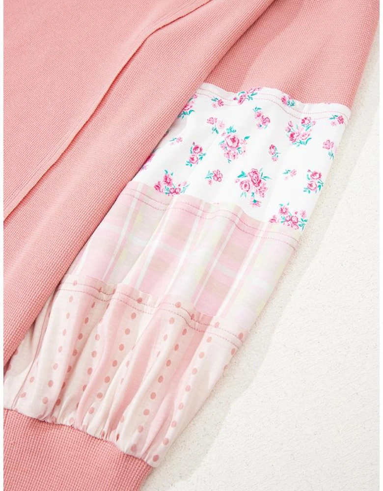 Pink Floral Sleeve Patchwork Waffle Knit Notched V Neck Plus Size Top