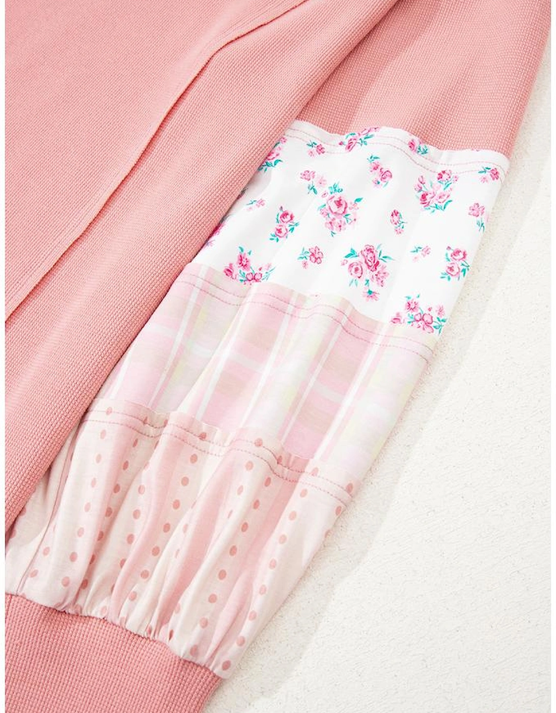 Pink Floral Sleeve Patchwork Waffle Knit Notched V Neck Plus Size Top