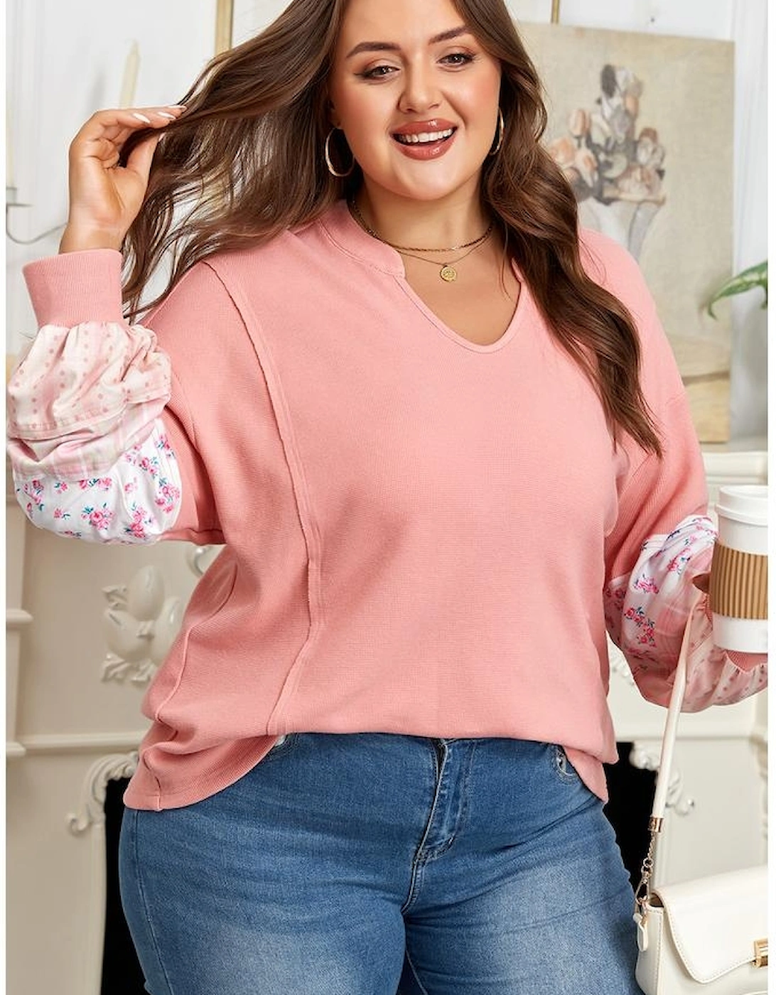 Pink Floral Sleeve Patchwork Waffle Knit Notched V Neck Plus Size Top