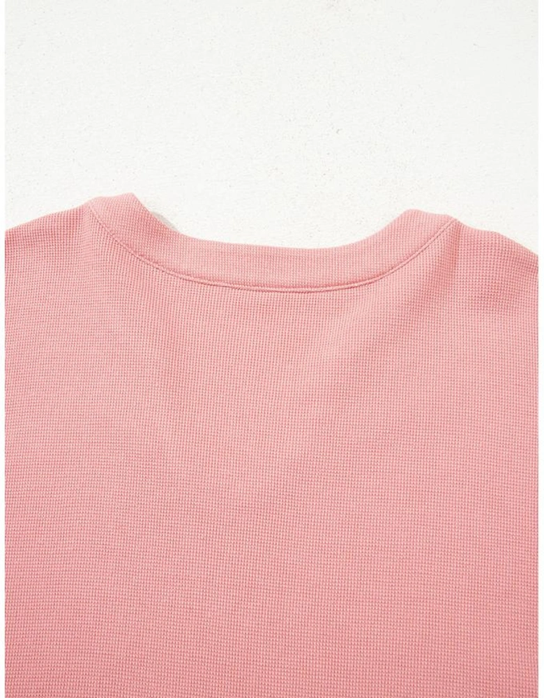 Pink Floral Sleeve Patchwork Waffle Knit Notched V Neck Plus Size Top