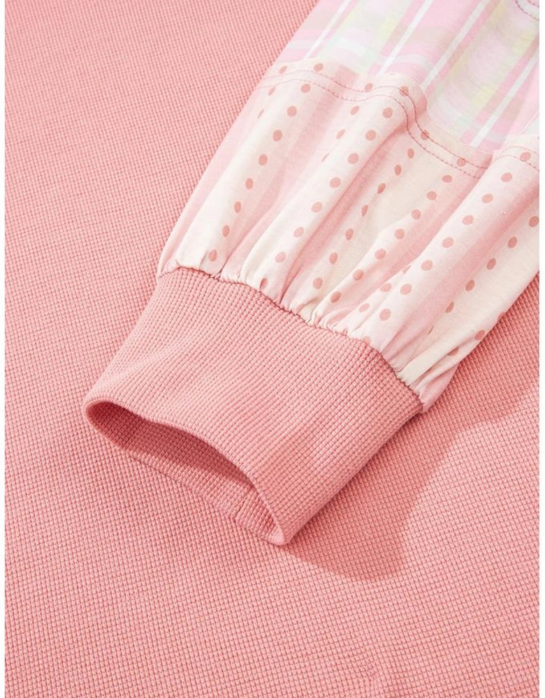 Pink Floral Sleeve Patchwork Waffle Knit Notched V Neck Plus Size Top