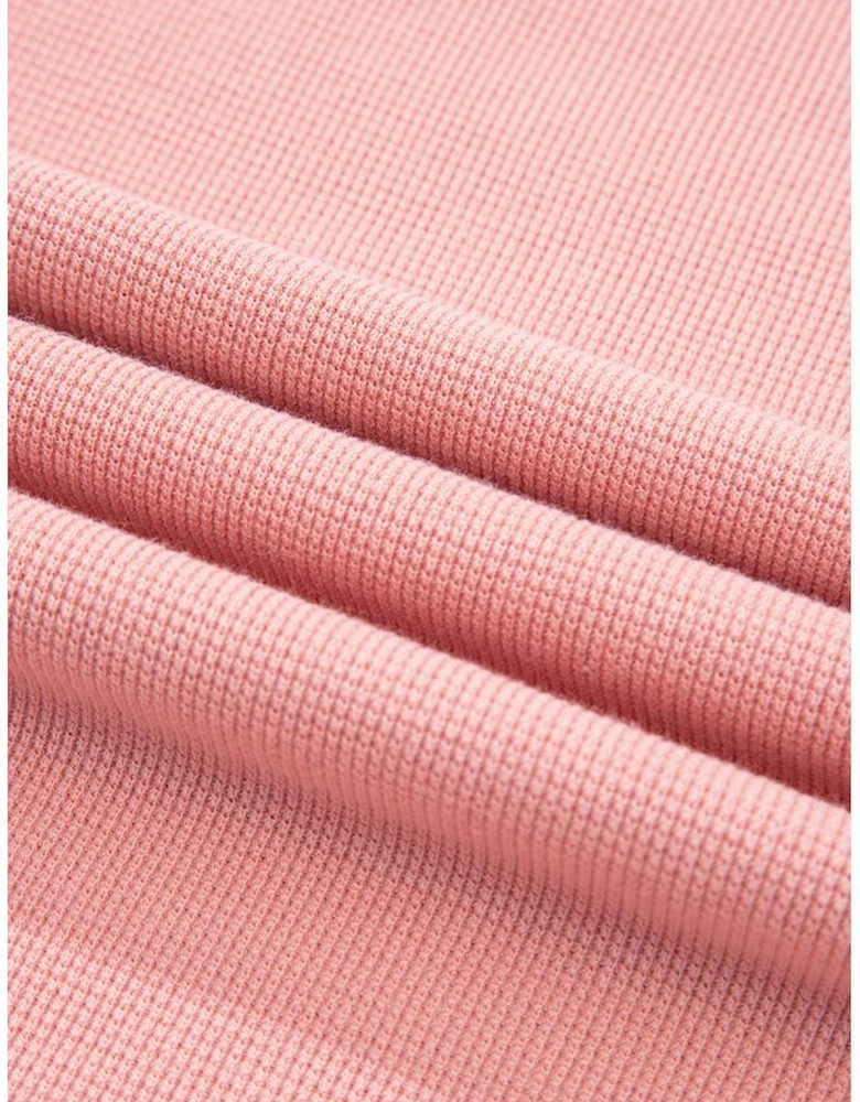 Pink Floral Sleeve Patchwork Waffle Knit Notched V Neck Plus Size Top