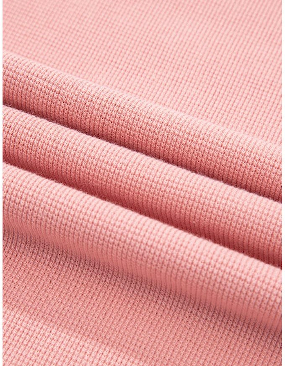 Pink Floral Sleeve Patchwork Waffle Knit Notched V Neck Plus Size Top