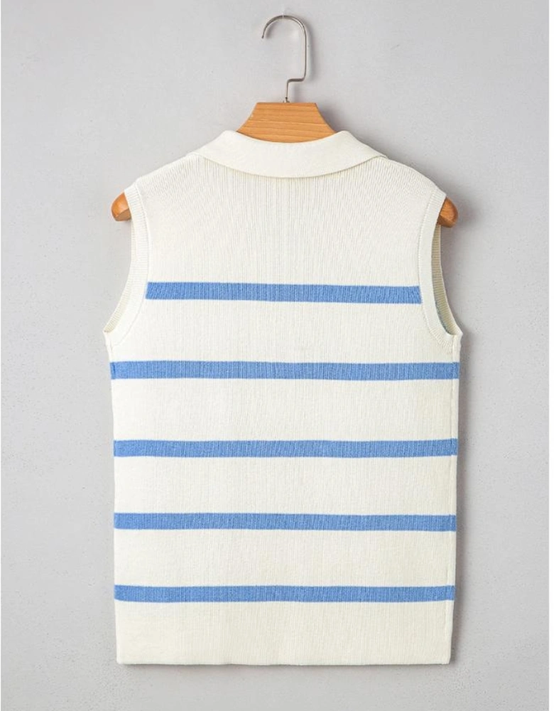 Sky Blue Stripe Split V Neck Collared Ribbed Sweater Vest