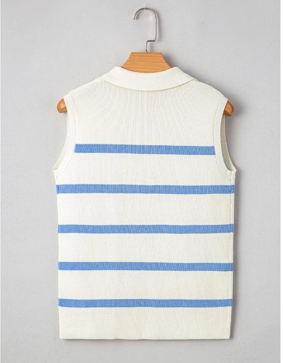 Sky Blue Stripe Split V Neck Collared Ribbed Sweater Vest