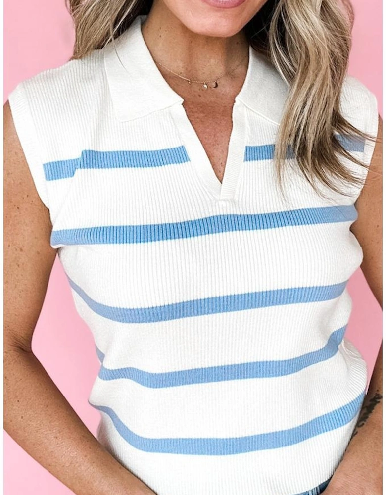 Sky Blue Stripe Split V Neck Collared Ribbed Sweater Vest