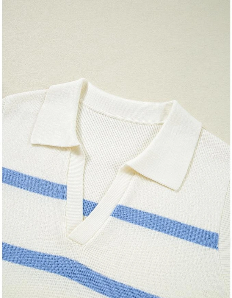 Sky Blue Stripe Split V Neck Collared Ribbed Sweater Vest