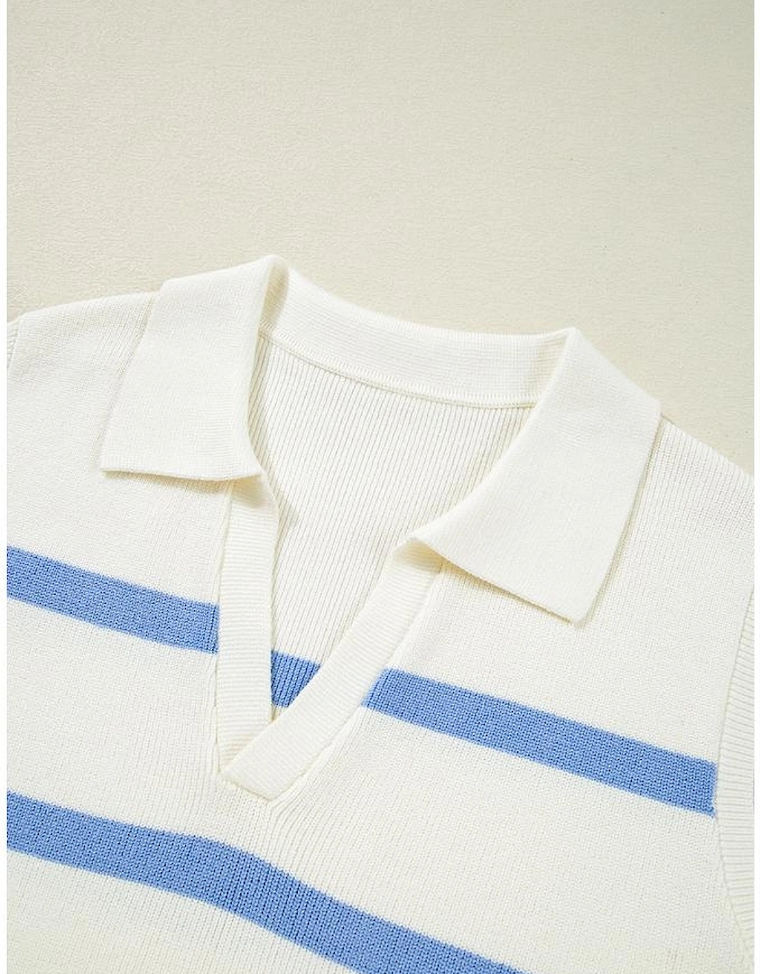 Sky Blue Stripe Split V Neck Collared Ribbed Sweater Vest