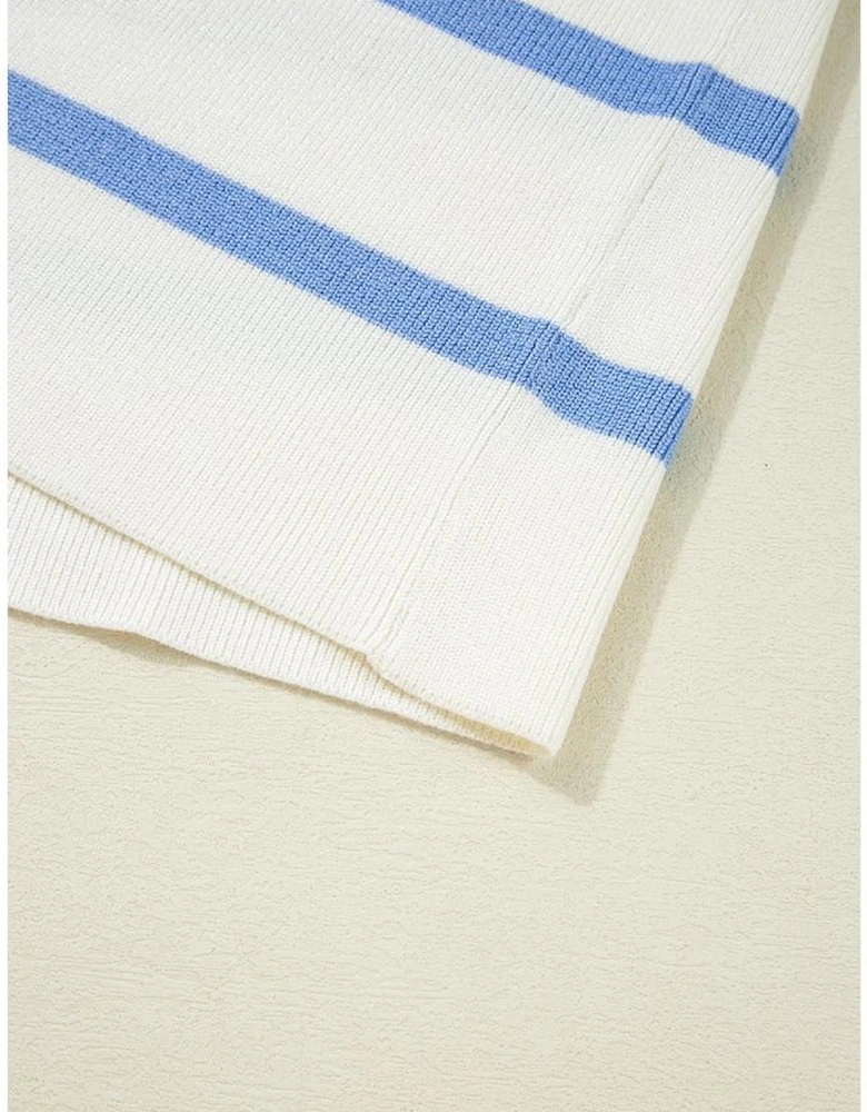 Sky Blue Stripe Split V Neck Collared Ribbed Sweater Vest