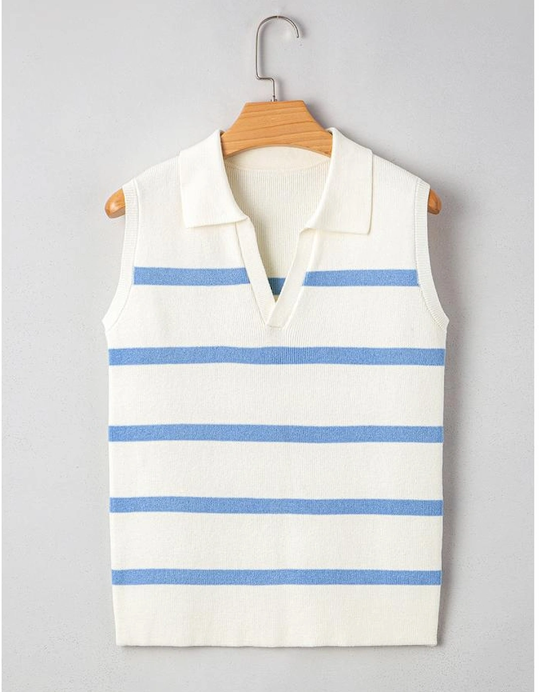 Sky Blue Stripe Split V Neck Collared Ribbed Sweater Vest