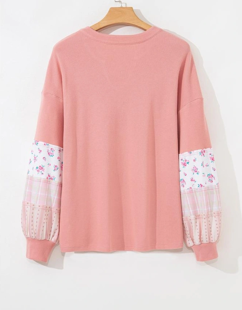 Pink Floral Sleeve Patchwork Waffle Knit Notched V Neck Plus Size Top