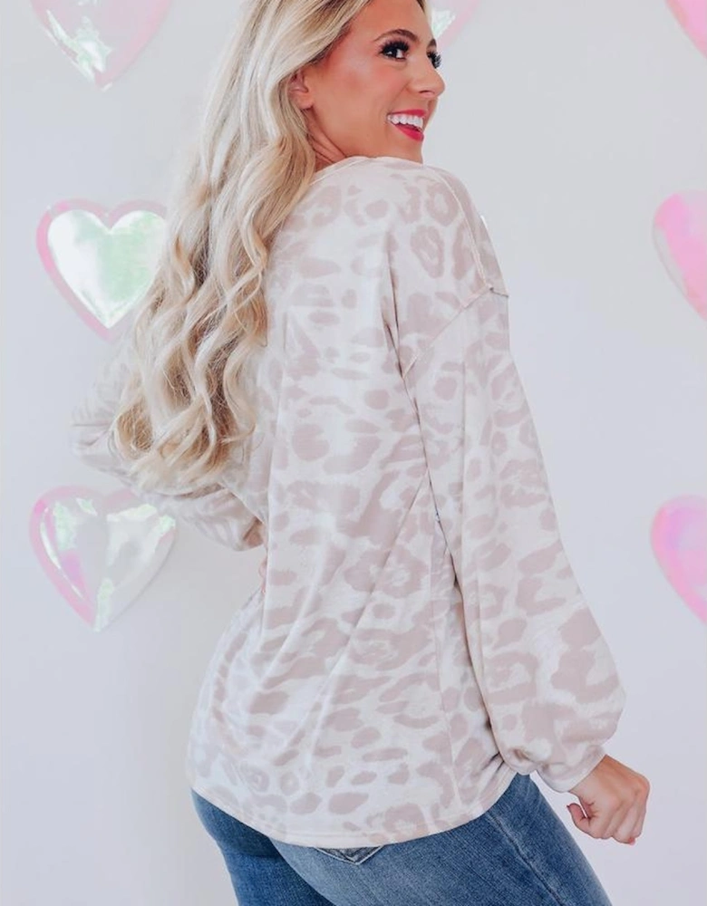 Leopard Animal Print Contrast Stripes Patchwork Puff Sleeve Knit Top