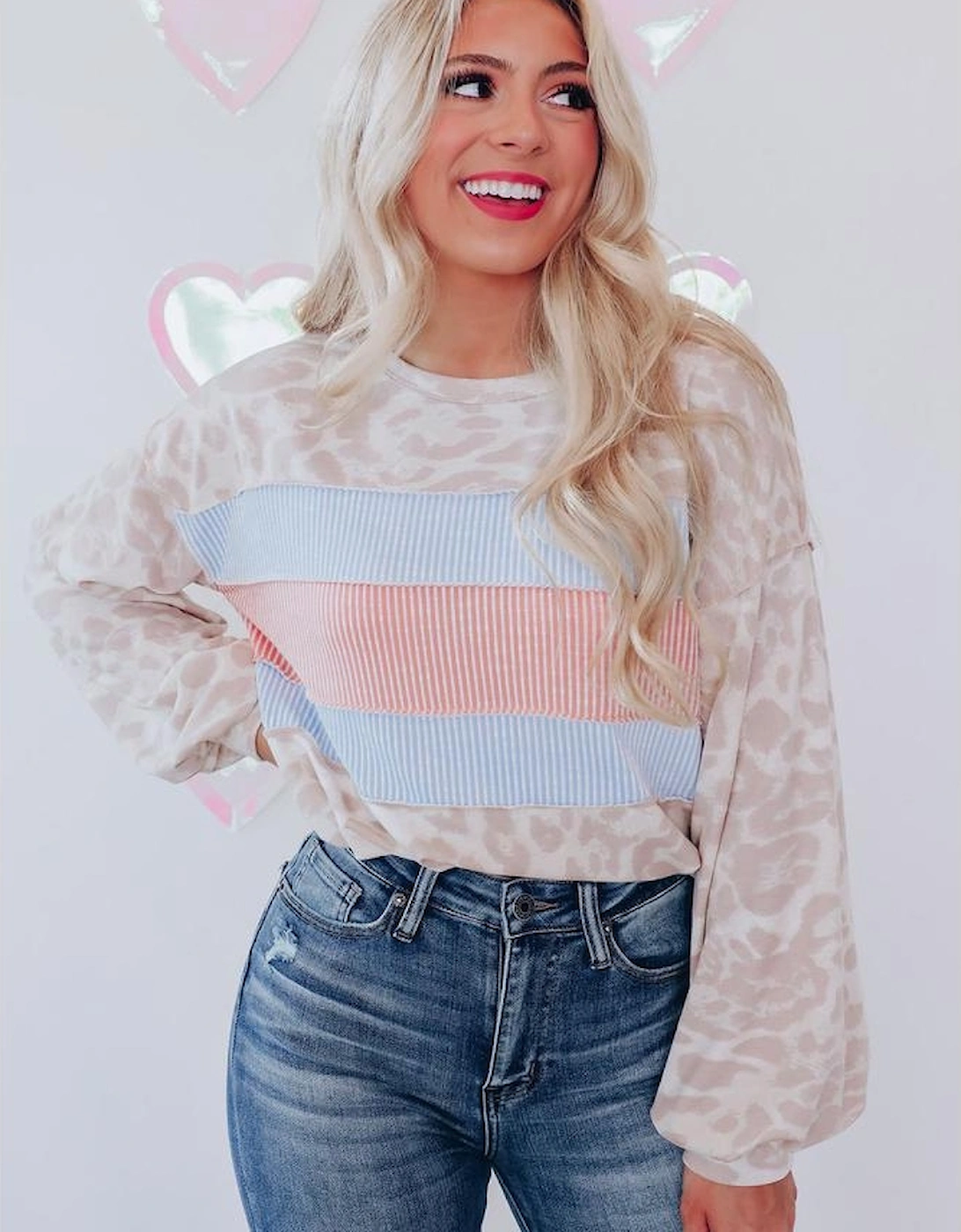 Leopard Animal Print Contrast Stripes Patchwork Puff Sleeve Knit Top