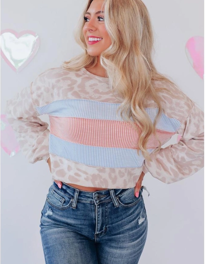 Leopard Animal Print Contrast Stripes Patchwork Puff Sleeve Knit Top