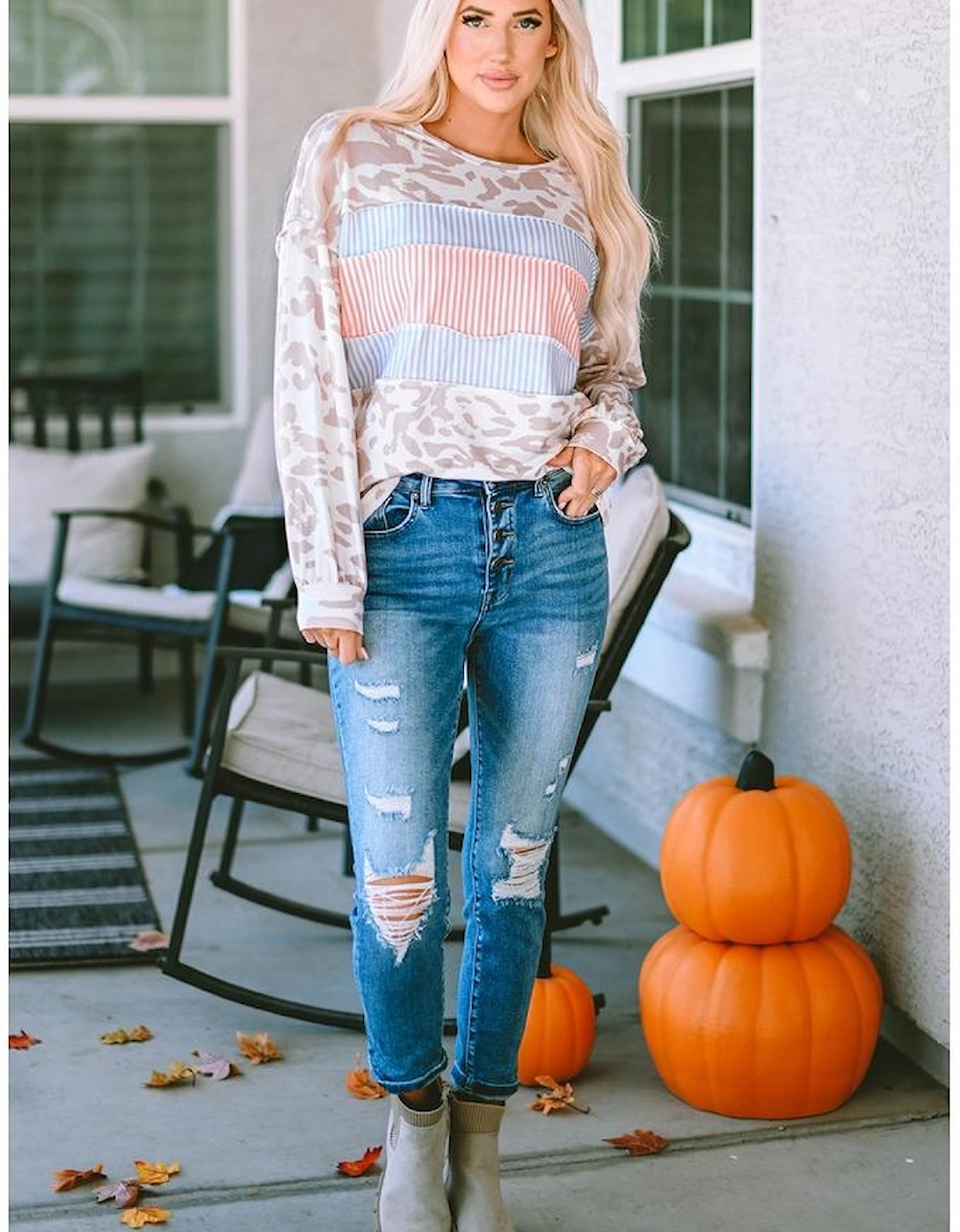 Leopard Animal Print Contrast Stripes Patchwork Puff Sleeve Knit Top