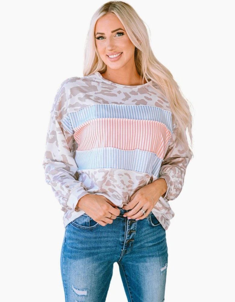 Leopard Animal Print Contrast Stripes Patchwork Puff Sleeve Knit Top