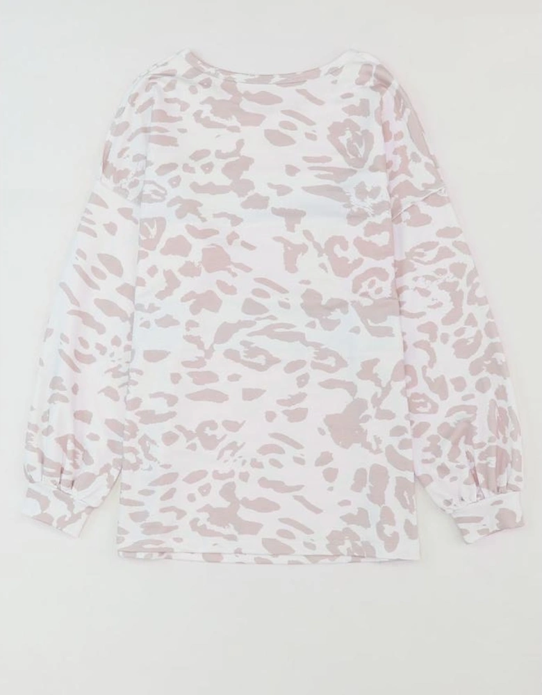 Leopard Animal Print Contrast Stripes Patchwork Puff Sleeve Knit Top