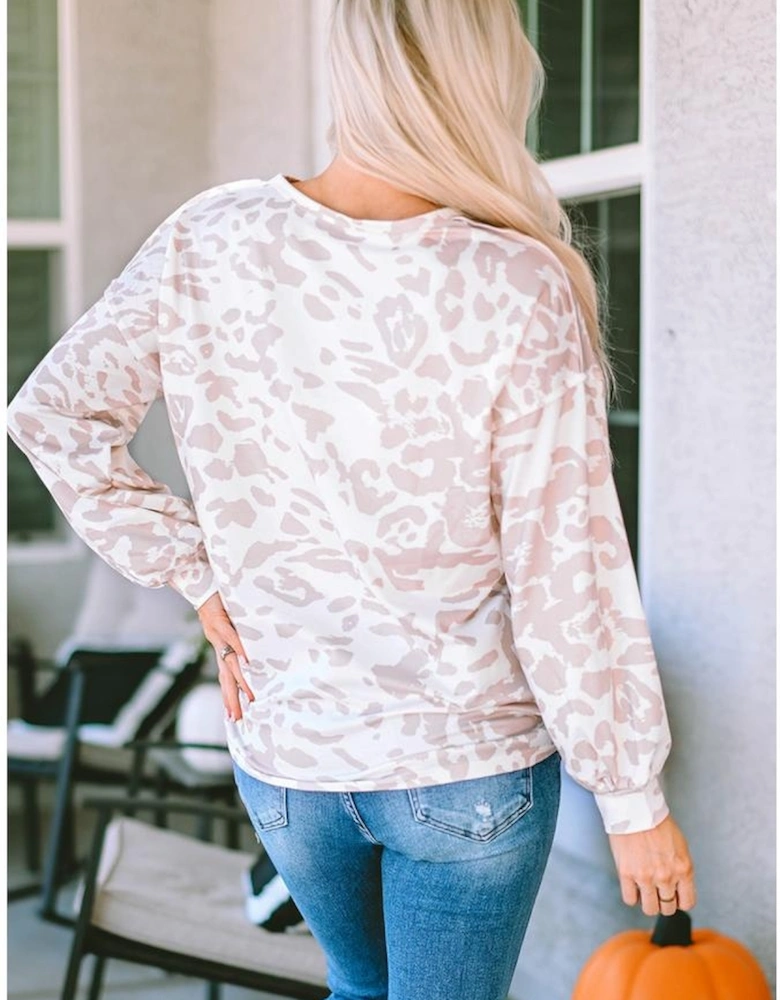 Leopard Animal Print Contrast Stripes Patchwork Puff Sleeve Knit Top