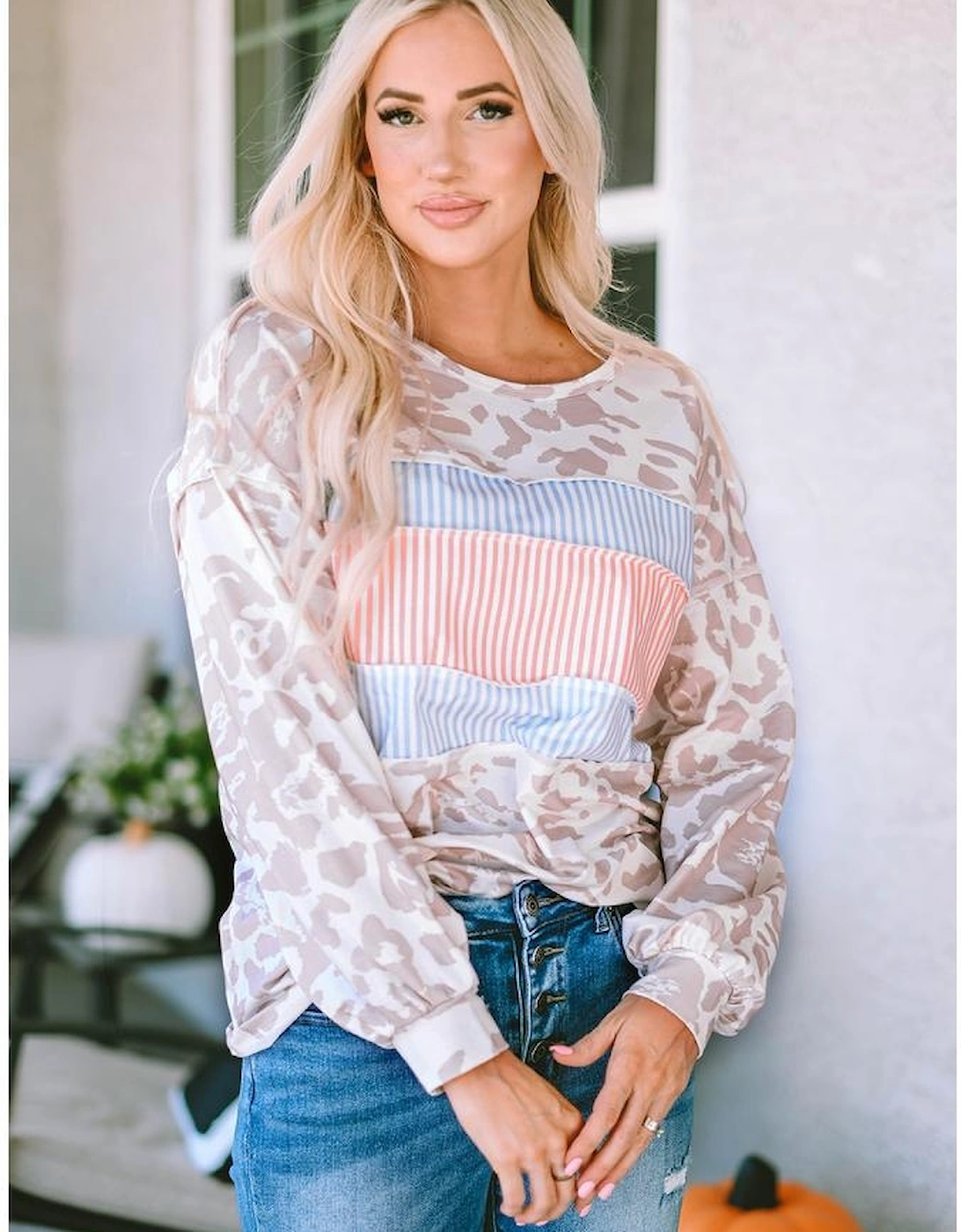 Leopard Animal Print Contrast Stripes Patchwork Puff Sleeve Knit Top