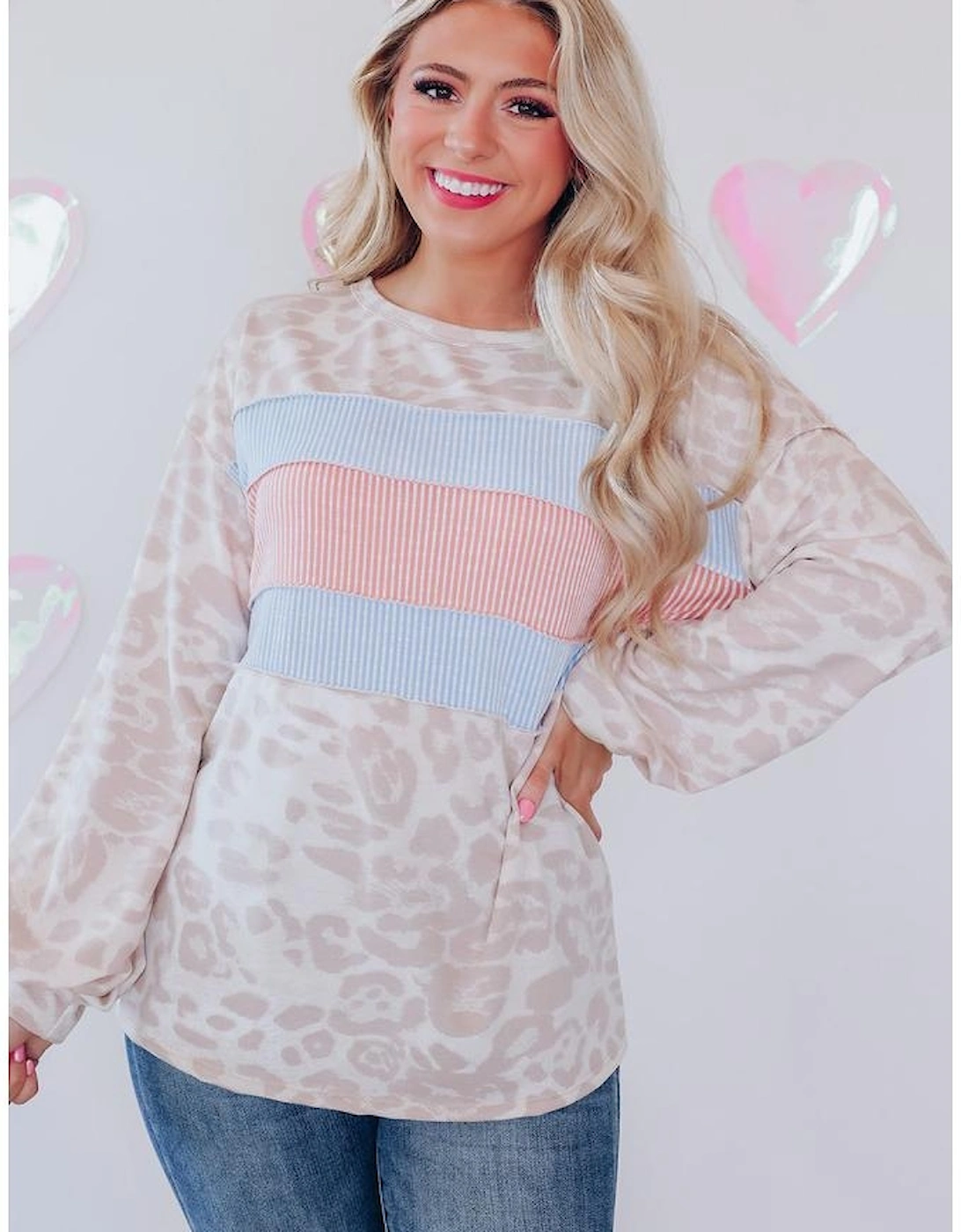 Leopard Animal Print Contrast Stripes Patchwork Puff Sleeve Knit Top