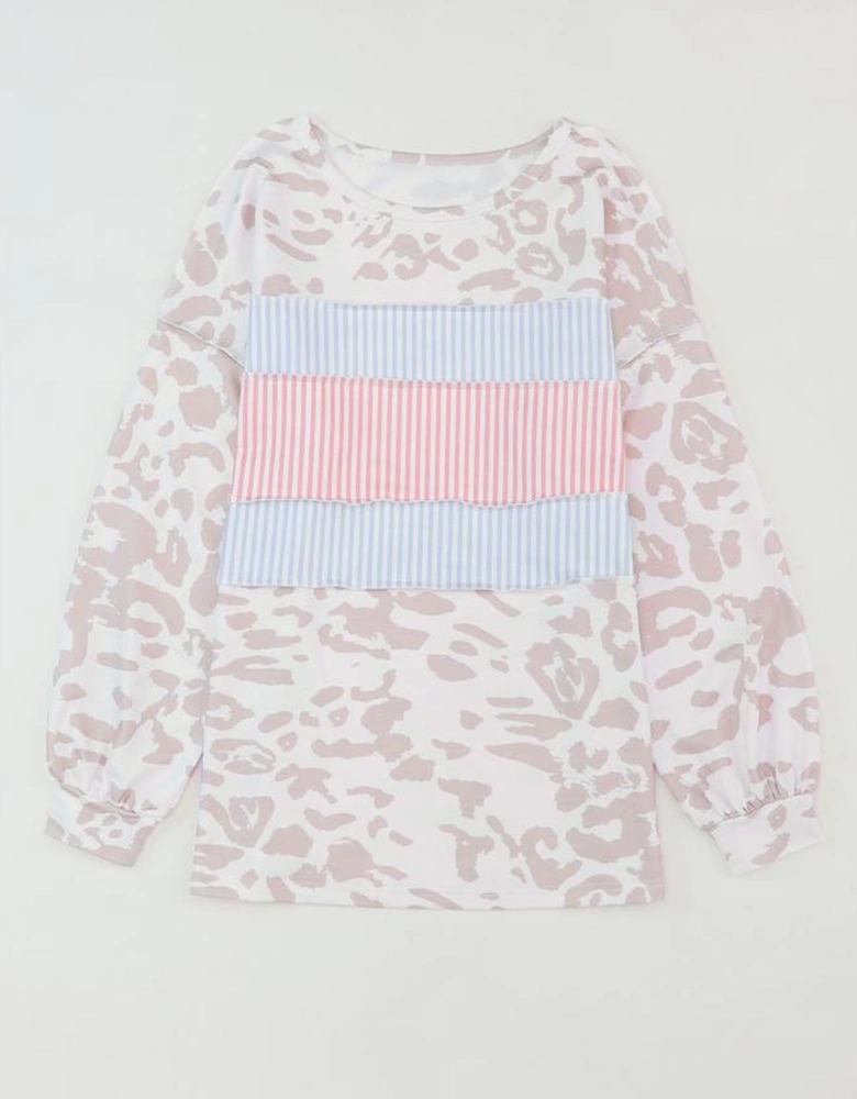 Leopard Animal Print Contrast Stripes Patchwork Puff Sleeve Knit Top