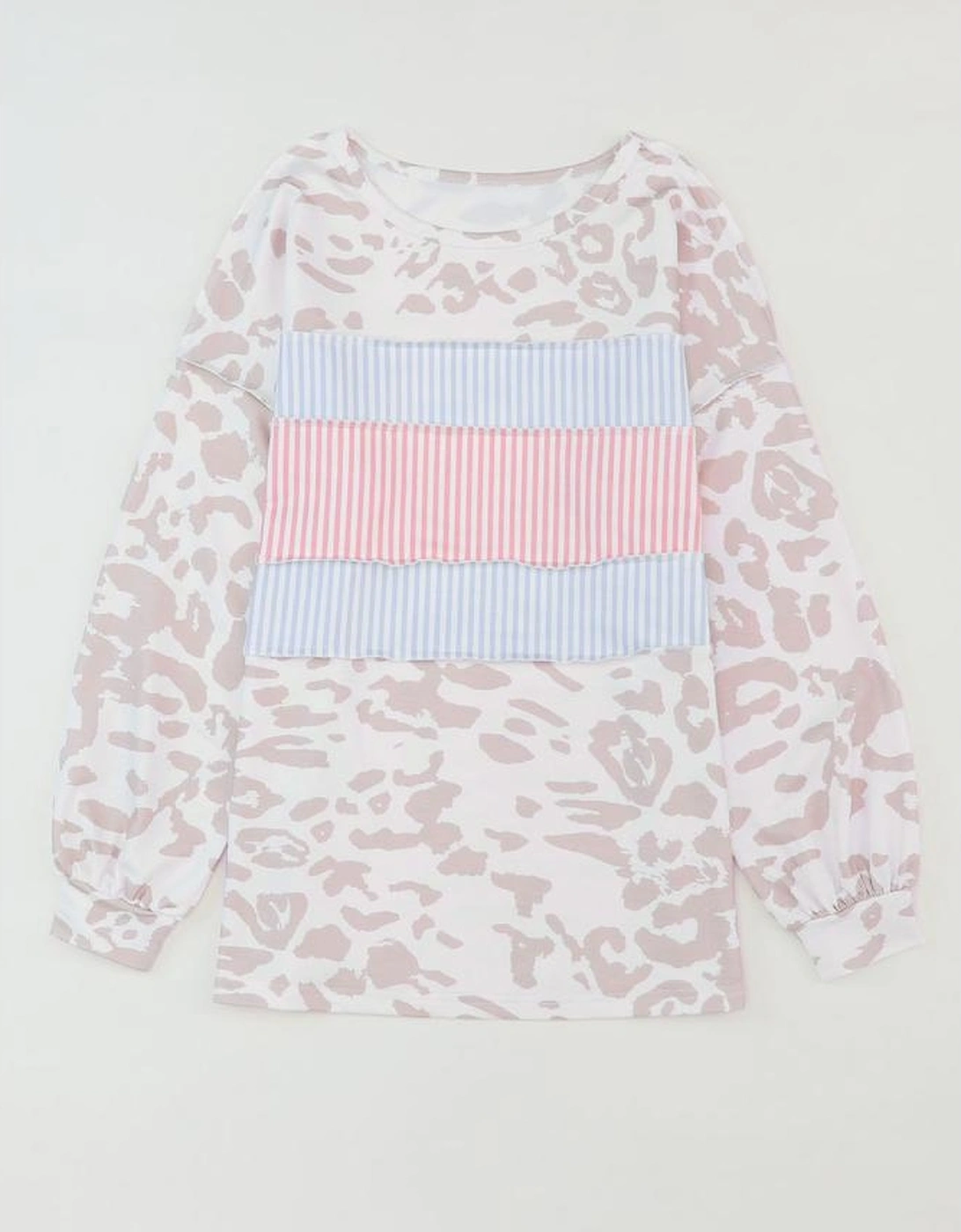 Leopard Animal Print Contrast Stripes Patchwork Puff Sleeve Knit Top