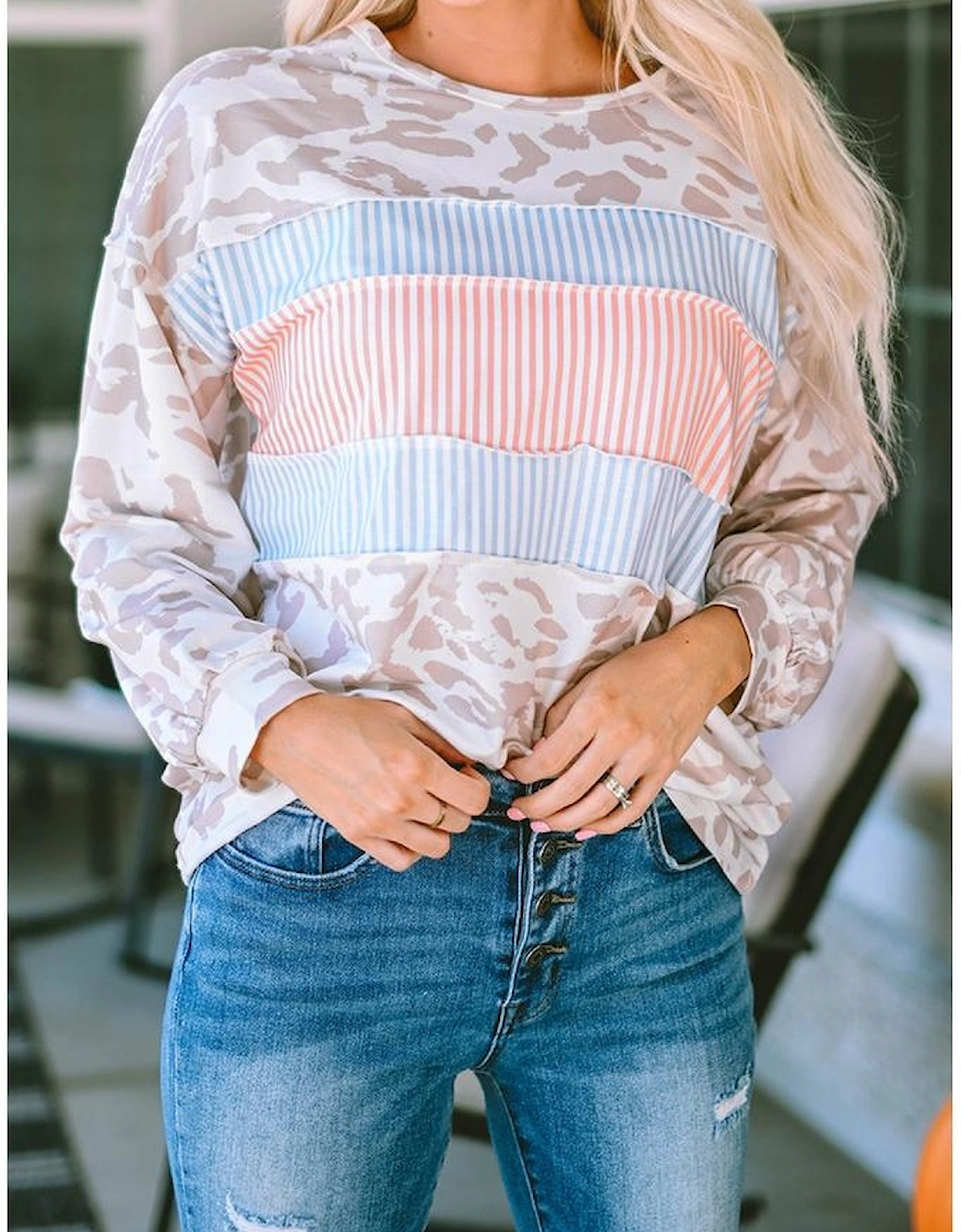 Leopard Animal Print Contrast Stripes Patchwork Puff Sleeve Knit Top