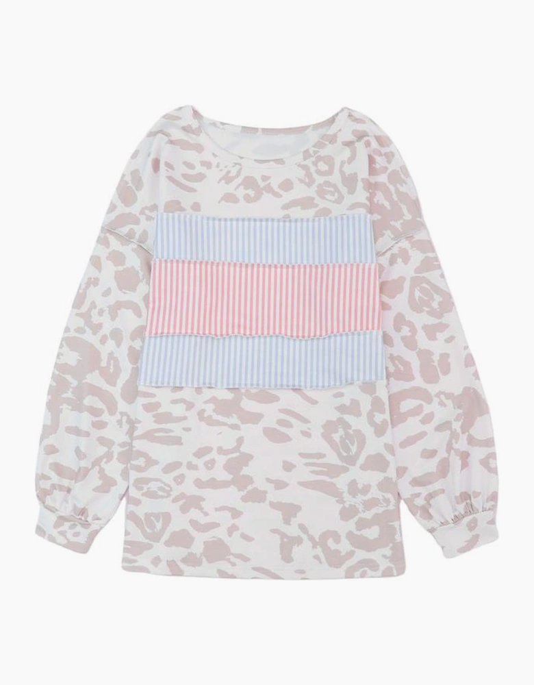 Leopard Animal Print Contrast Stripes Patchwork Puff Sleeve Knit Top