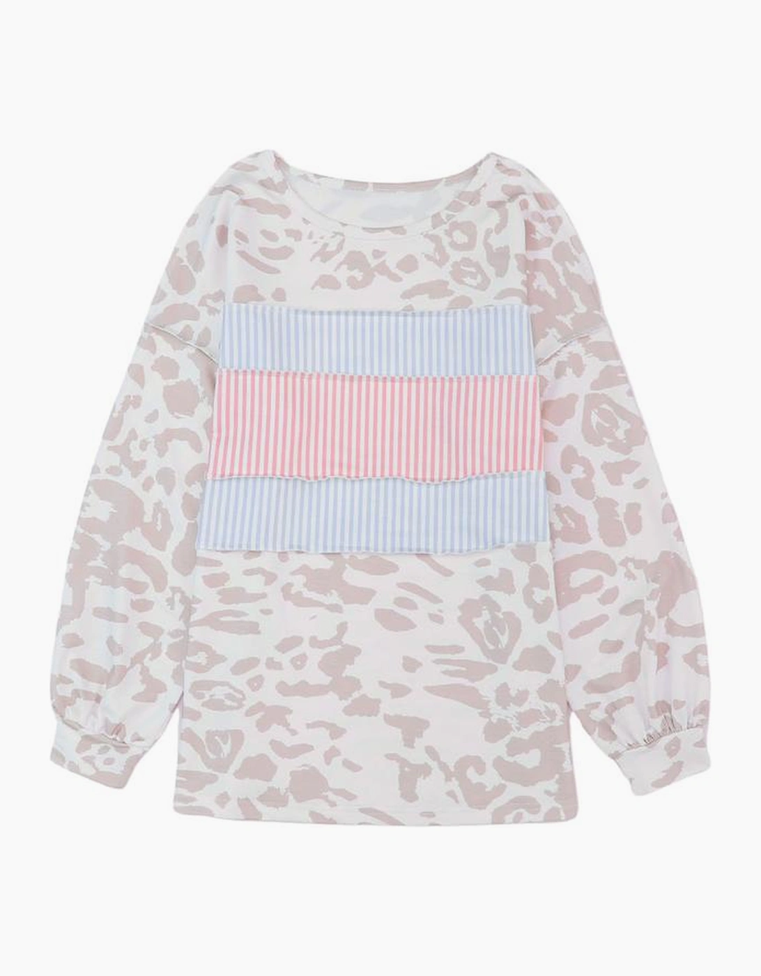 Leopard Animal Print Contrast Stripes Patchwork Puff Sleeve Knit Top