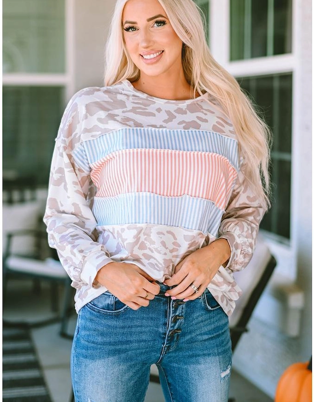 Leopard Animal Print Contrast Stripes Patchwork Puff Sleeve Knit Top