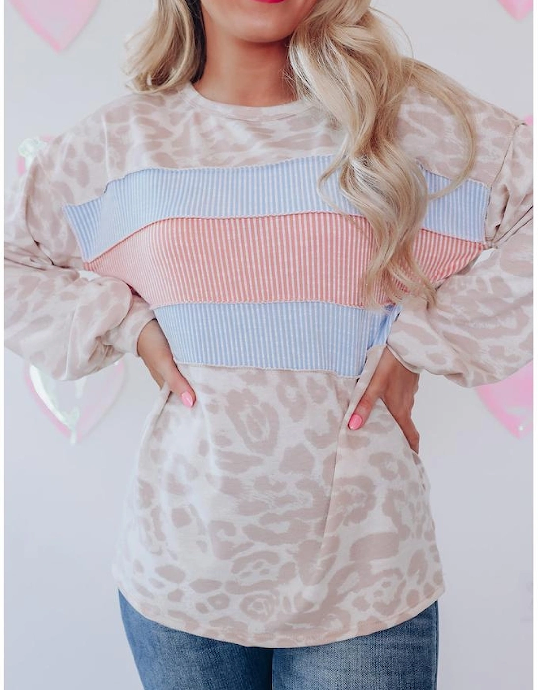 Leopard Animal Print Contrast Stripes Patchwork Puff Sleeve Knit Top