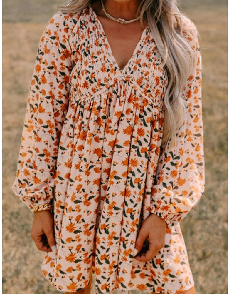 Beige Floral Deep V Neck Smocked Bust Bubble Sleeve Babydoll Dress