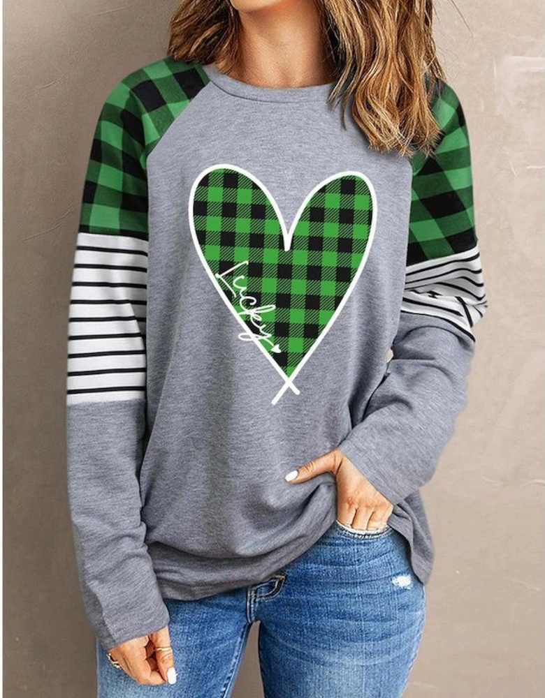 Green Lucky Plaid Heart Striped Color Block Long Sleeve Top
