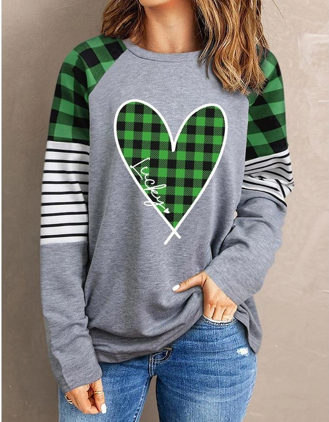 Green Lucky Plaid Heart Striped Color Block Long Sleeve Top, 7 of 6
