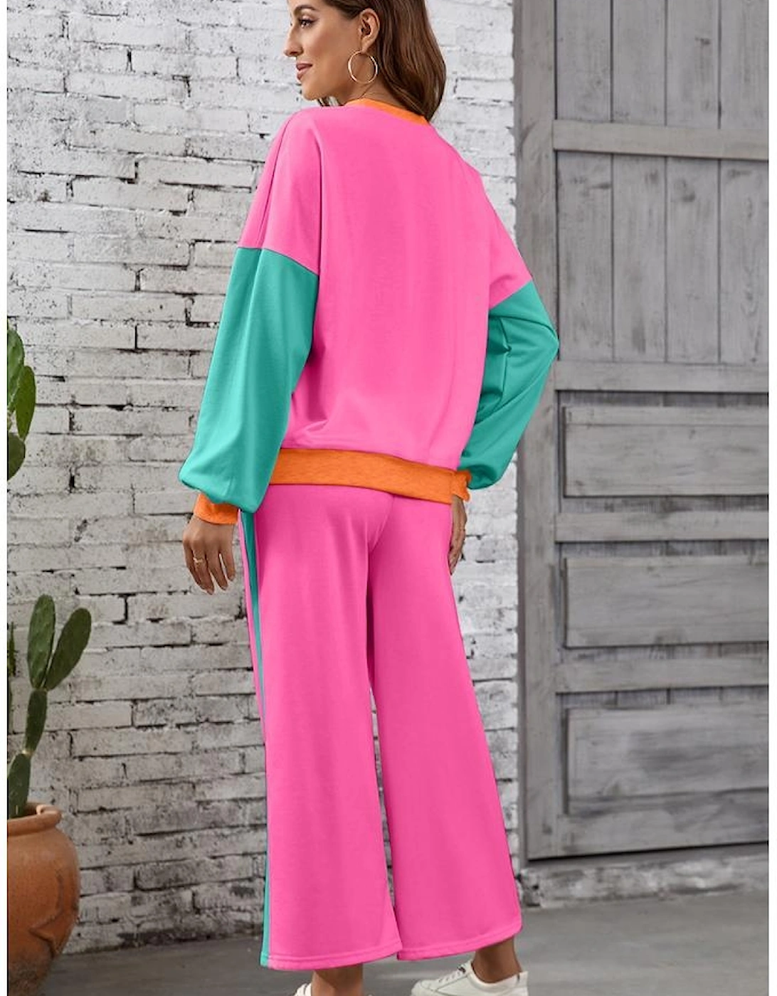 Rose Red 2pcs Color Block Pullover Loose Pant Set, 14 of 13