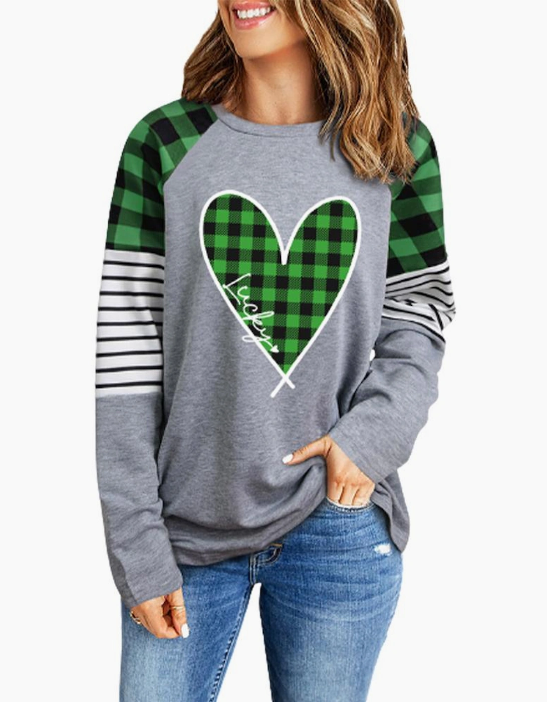 Green Lucky Plaid Heart Striped Color Block Long Sleeve Top