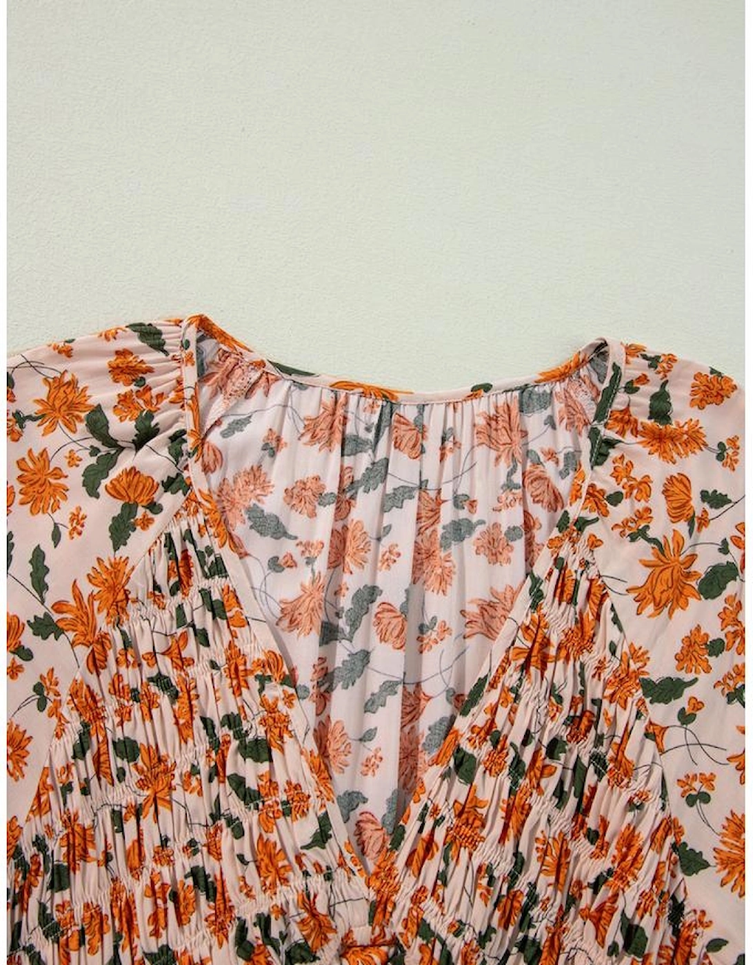 Beige Floral Deep V Neck Smocked Bust Bubble Sleeve Babydoll Dress