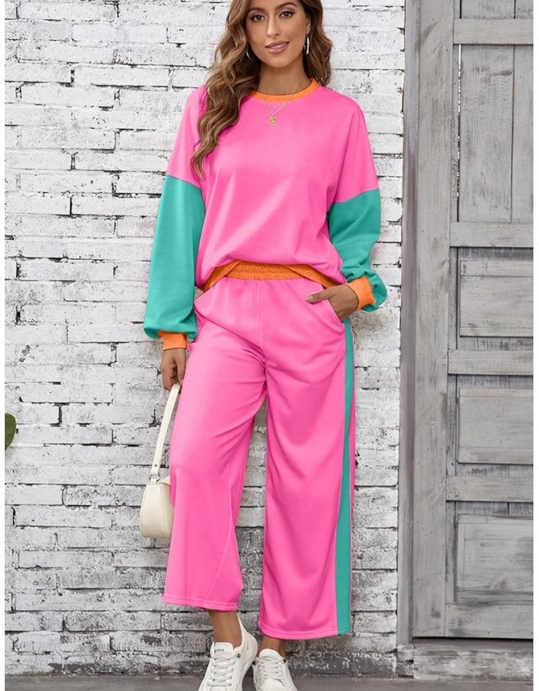 Rose Red 2pcs Color Block Pullover Loose Pant Set
