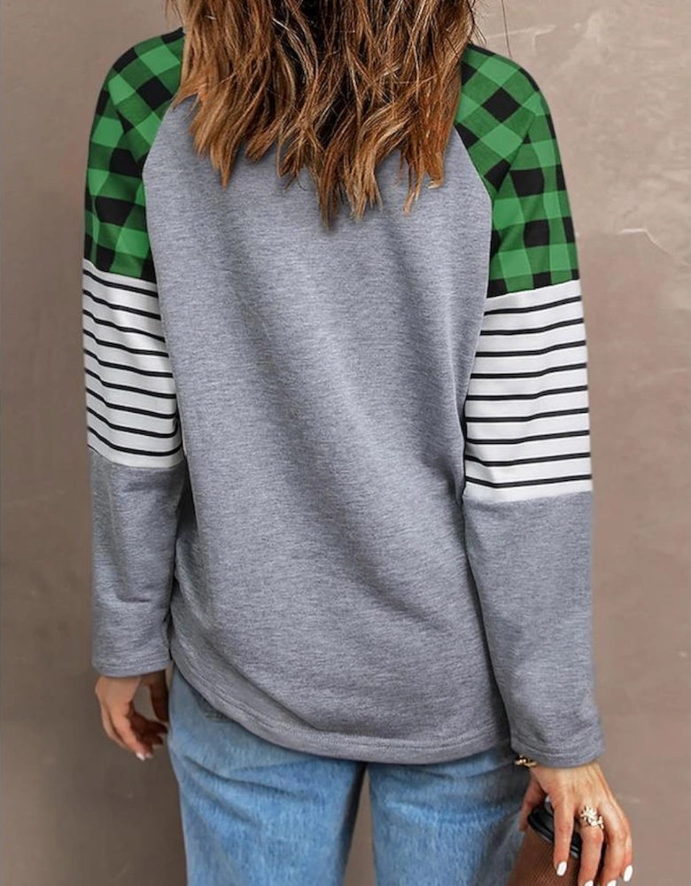 Green Lucky Plaid Heart Striped Color Block Long Sleeve Top
