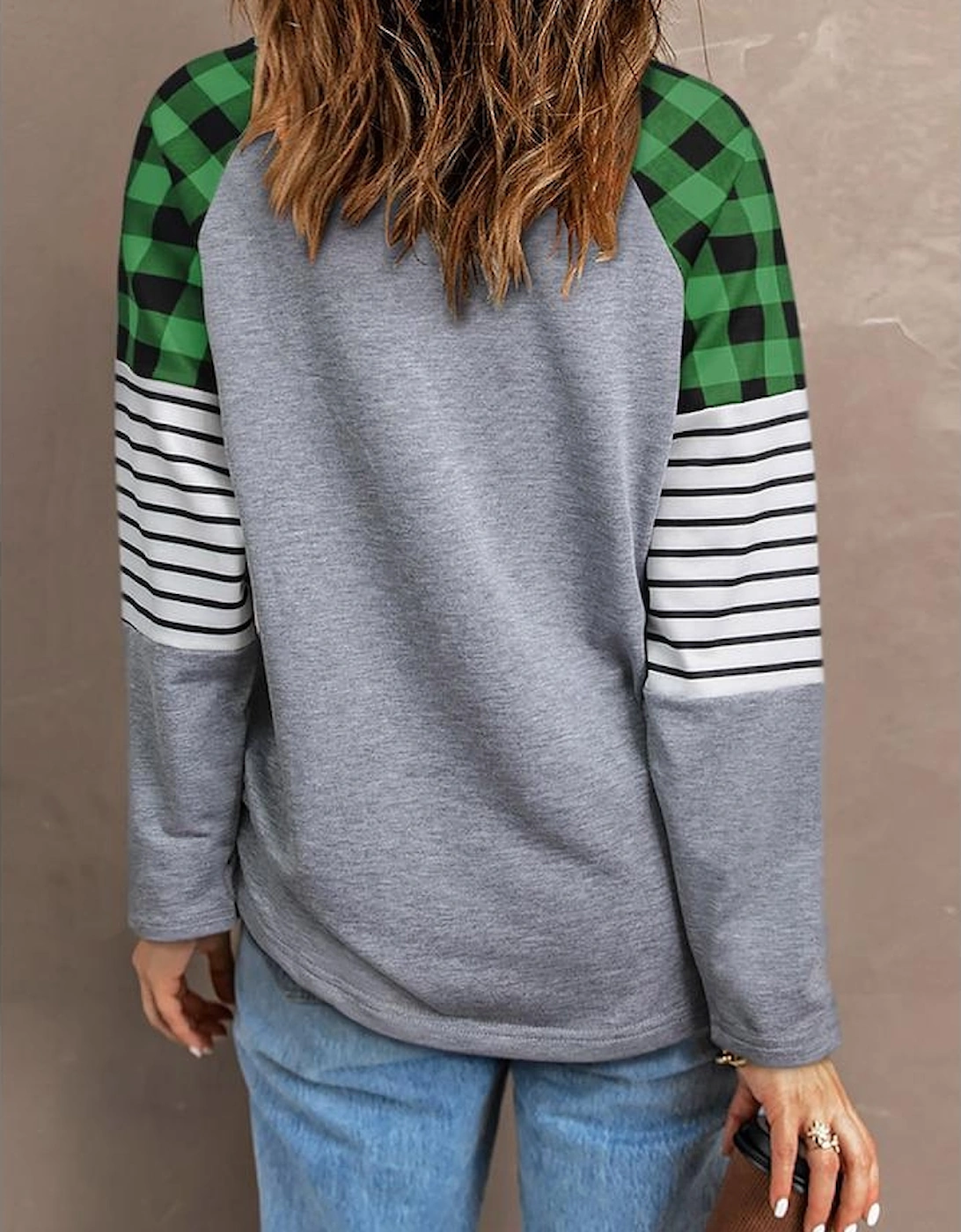 Green Lucky Plaid Heart Striped Color Block Long Sleeve Top