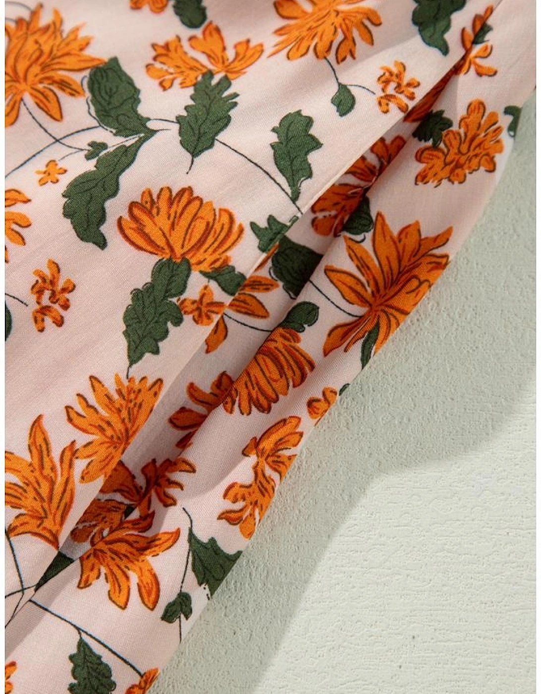 Beige Floral Deep V Neck Smocked Bust Bubble Sleeve Babydoll Dress