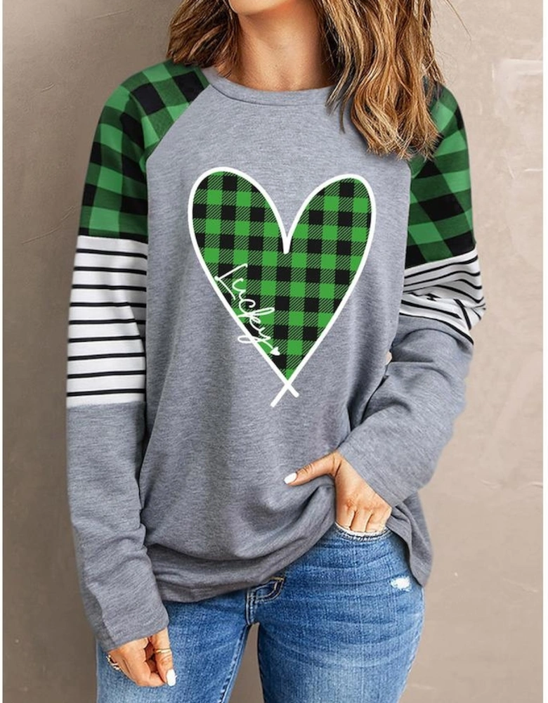 Green Lucky Plaid Heart Striped Color Block Long Sleeve Top