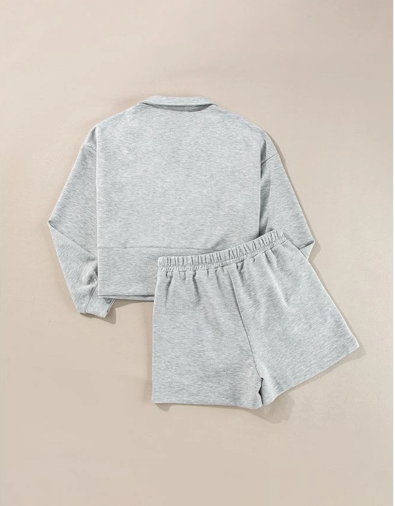 Light Grey Stand Neck Zipped Sweatshirt and Shorts Set