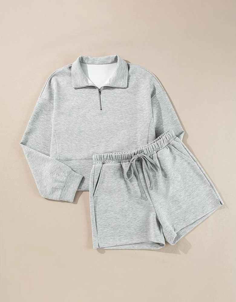 Light Grey Stand Neck Zipped Sweatshirt and Shorts Set