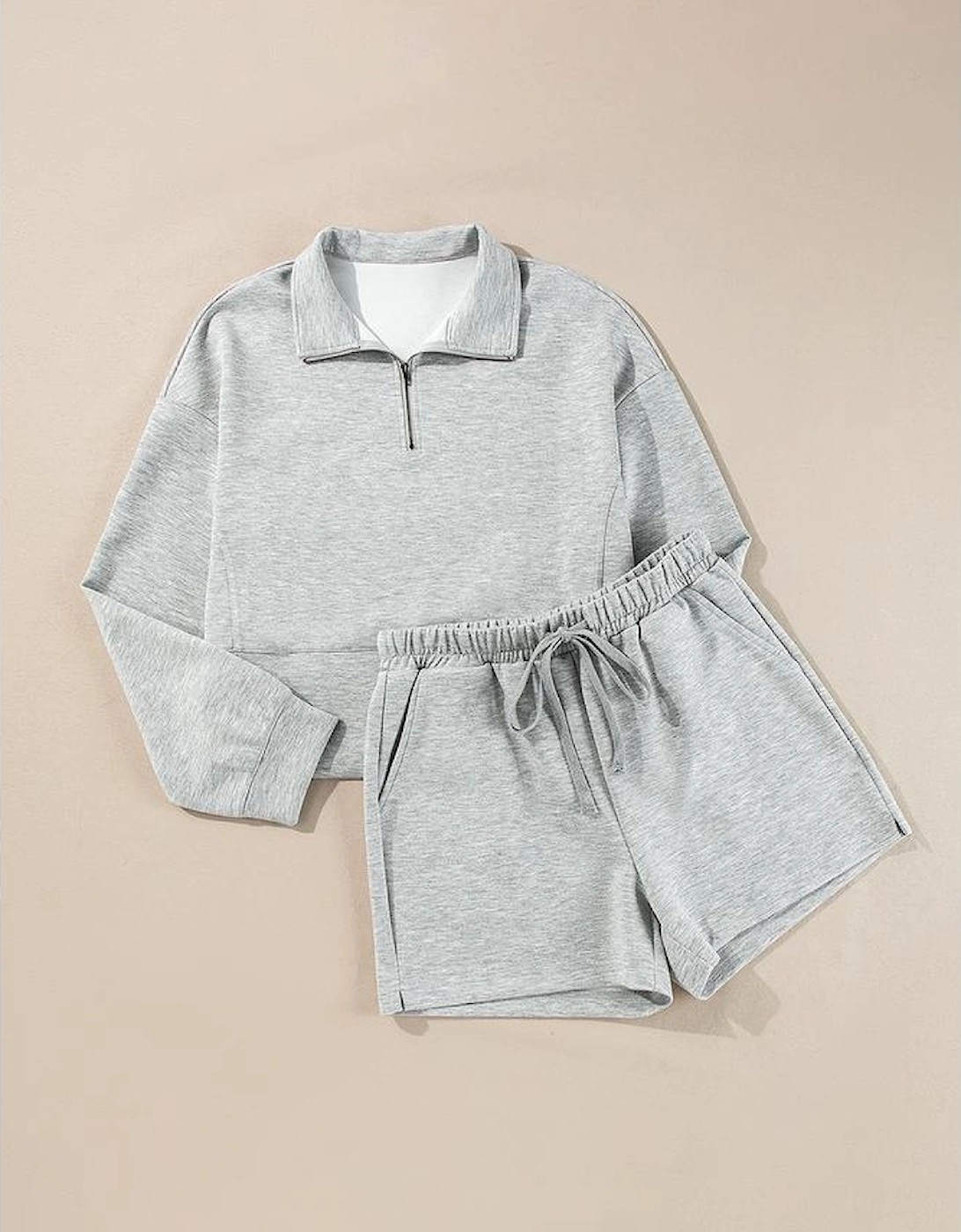 Light Grey Stand Neck Zipped Sweatshirt and Shorts Set